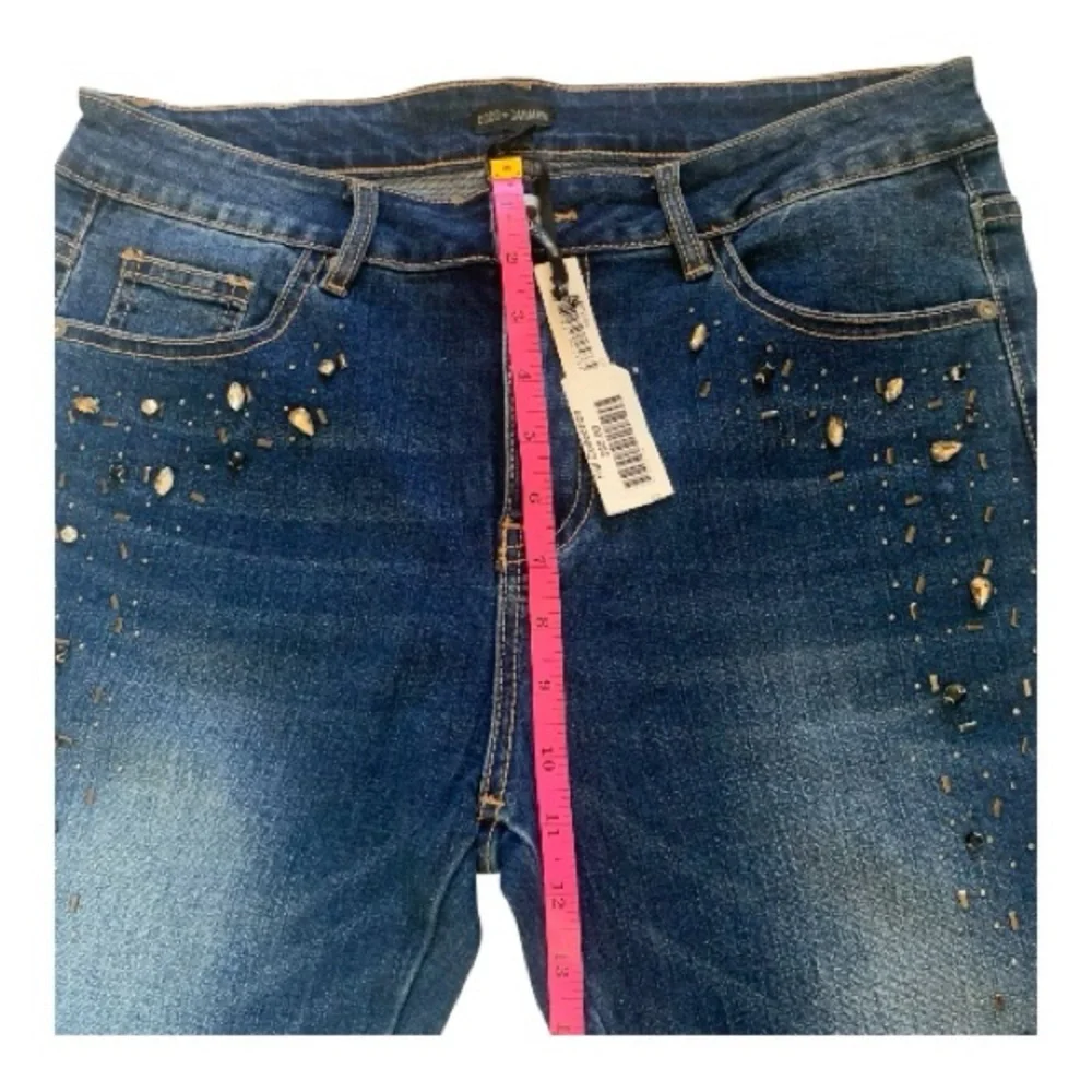 Coco + Carmen Dark Blue Wash Distressed Beaded Skinny Jeans High Rise Size L/XL - Picture 10 of 14